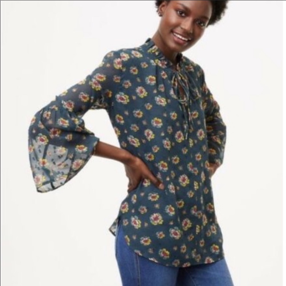 Loft Floral tie neck sheer bell sleeve blouse